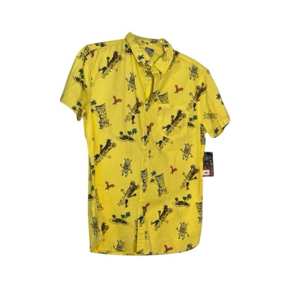 Hang Ten Men's Hawaiian Shirt Tiki 100% Cotton Yellow Size Medium